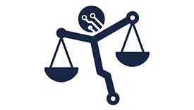 Logo combining scales of justice and symbols representing computer science